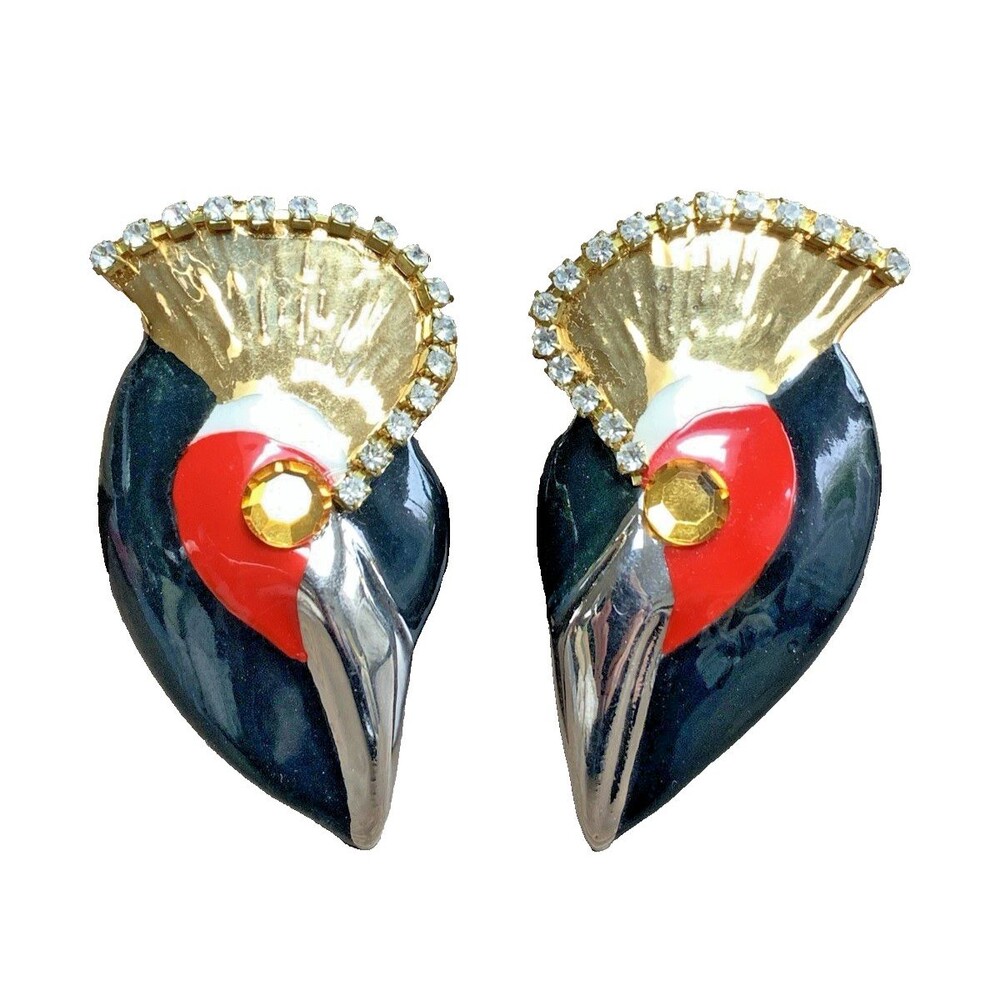 Vintage N Siegel Abstract Bird Sculptural Earrings Rhinestone Runway Statement